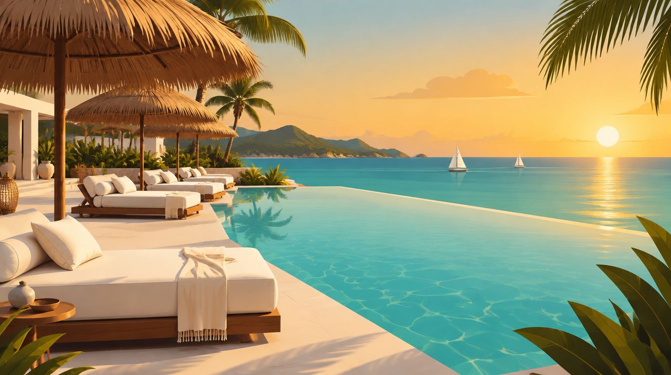 Beach clubs cartagena: ilustración de ambiente de lujo junto a la piscina (imagen ilustrativa, no es una fotografía real de Club Kabanna)