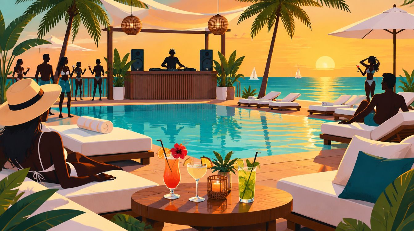 Beach Clubs en Cartagena: ¿Cuál Es la Mejor Opción para un Pasadía? 1 Beach clubs cartagena: ilustración de ambiente de piscina y DJ (imagen ilustrativa, no es una fotografía real de Club Kabanna)