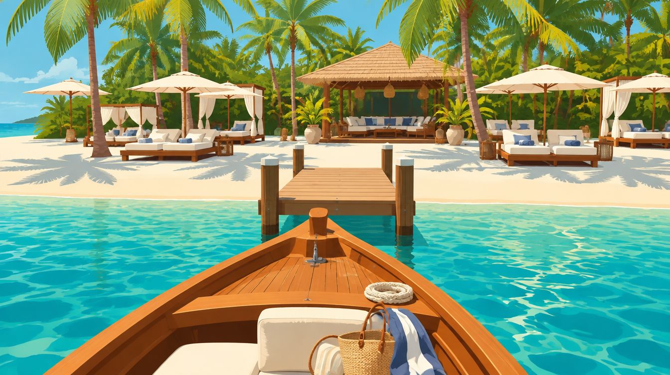 Playa privada en Cartagena: cómo tenerla sin quedarte en un hotel 1 Playa privada cartagena: ilustración editorial de lancha llegando a un muelle privado (imagen ilustrativa, no es una fotografía real de Club Kabanna)