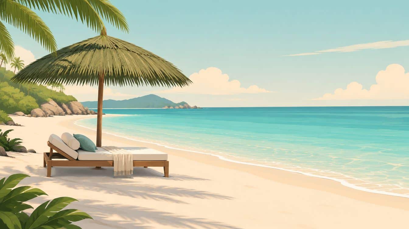 Playa privada cartagena: ilustración editorial de playa tropical solitaria (imagen ilustrativa, no es una fotografía real de Club Kabanna)